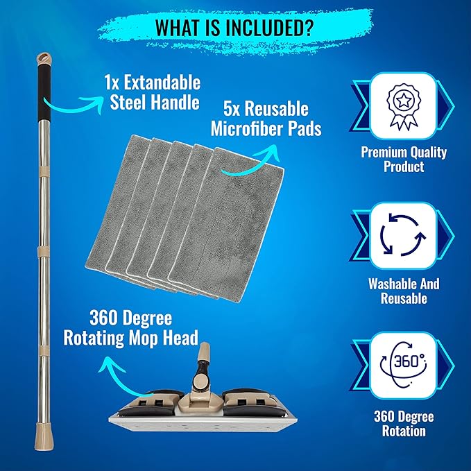 MAYSHINE Microfiber Hardwood Floor Wet and Dry Dust Mop w/ 5 Reusable Pads 360 Spin Mop System | Use on Wood Tile Laminate Vinyl and More | Flat Mop with 60 Extendable Stainless Steel Handle