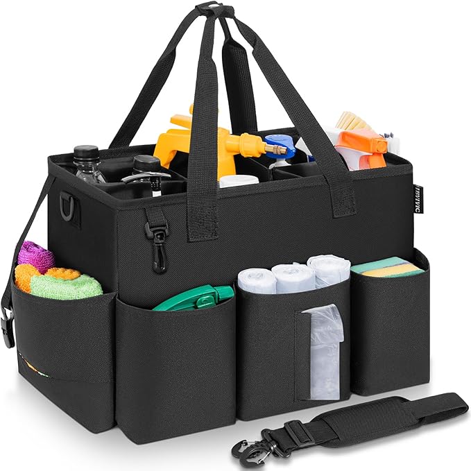 Wearable Cleaning Caddy Bag for Cleaning Supplies Large Capacity Cleaning Organizer Tote Bag Kitchen Cleaning Supplies Storage Bag for Cleaners Housekeepers (Black)