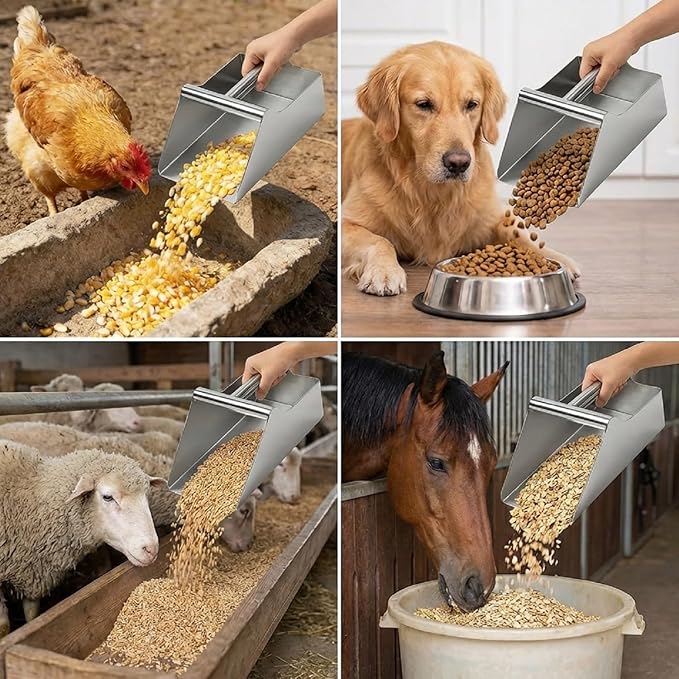 304 Stainless Steel Grain Scoop 120oz Heavy Duty Feed Shovel 8-inch Wide High-Capacity for Feed Livestock Poultry Pet Food and Bird Seed Comfortable Grip Handle Easy to Clean