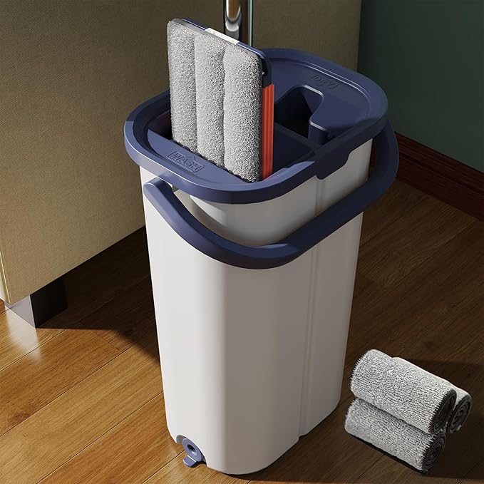Large Mop and Bucket with Wringer Set for Home Hands Free Flat Floor Mop and Bucket System with 4 Washable Microfiber Pads Wet and Dry Use Mops for Floor Cleaning Two Bucket Mop System