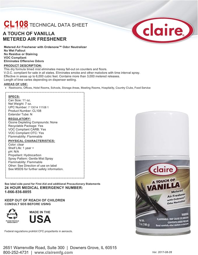 Claire CL108-12pk A Touch of Vanilla Metered Air Freshener 7 Oz. Net Wt 12 Count