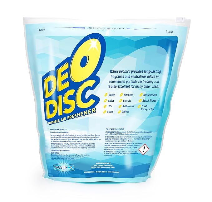 Walex Deo-Disc Portable Air Freshener Discs Power Punch Fragrance – Long-Lasting Odor Eliminator for RV Marine Car &amp Portable Toilets Easy to Use 100 Discs Resealable Pack