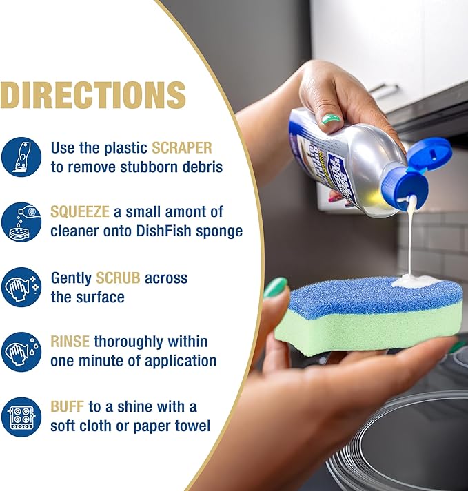 Bar Keepers Friend Cooktop Cleaner + Scraper + Dish Fish - Multipurpose Liquid Stovetop Cleanser Safe for Use on Glass or Ceramic Cooking Surfaces Copper Brass Chrome Stainless Steel &amp Porcel