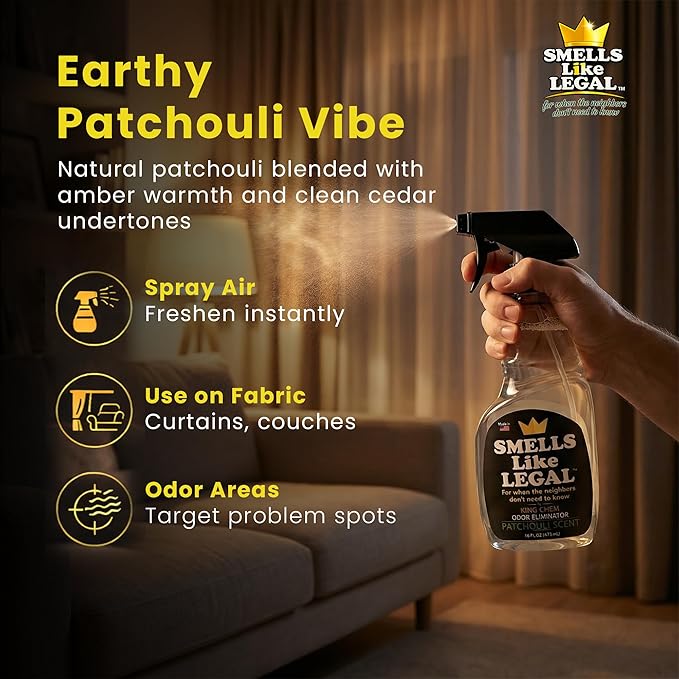 Patchouli Odor Eliminator Spray – Neutralizes Smoke Pet Food &amp Household Odors – Non-Staining Fabric-Safe Deodorizer – Biodegradable Made in USA – 16 oz