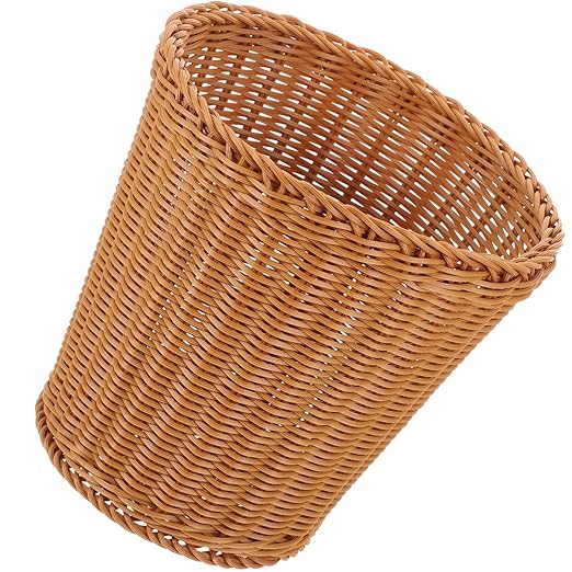 Amosfun Rattan Waste Baskets Round Woven Trash Can Wicker Garbage Containers Bin Rustic Flower Baskets Laundry Hamper for Home Bathroom Kitchen Office Brown
