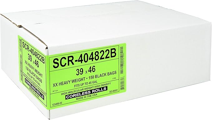 Aluf Plastics 45 Gallon 22 Micron (eq) Black Trash Bags - 39 x 46 - Pack of 150 - For Home Office &amp Bathroom