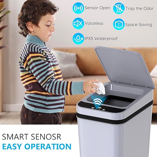 3Pack Bathroom Small Trash Can with Lid 2.6 Gallon Touchless Automatic Garbage Can Slim Waterproof Motion Sensor Smart Trash Bin for Bedroom Office Living Room White/Black/Grey