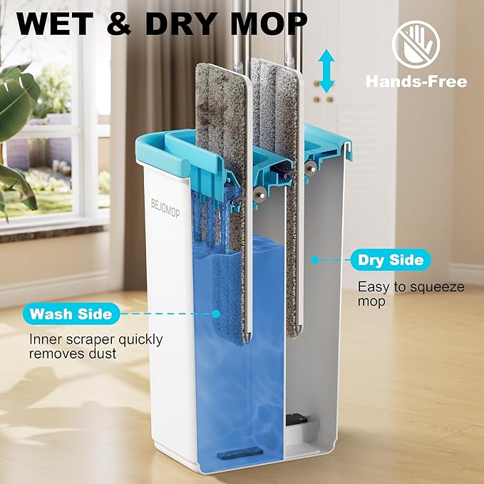 Mop and Bucket Set Mops for Floor Cleaning Squeeze Flat Mop and Bucket System Dry &amp Wet Wall Mop Cleaner with Long Handle for Household Cleaning with 4 Microfiber Mops Turquoise-Cyan