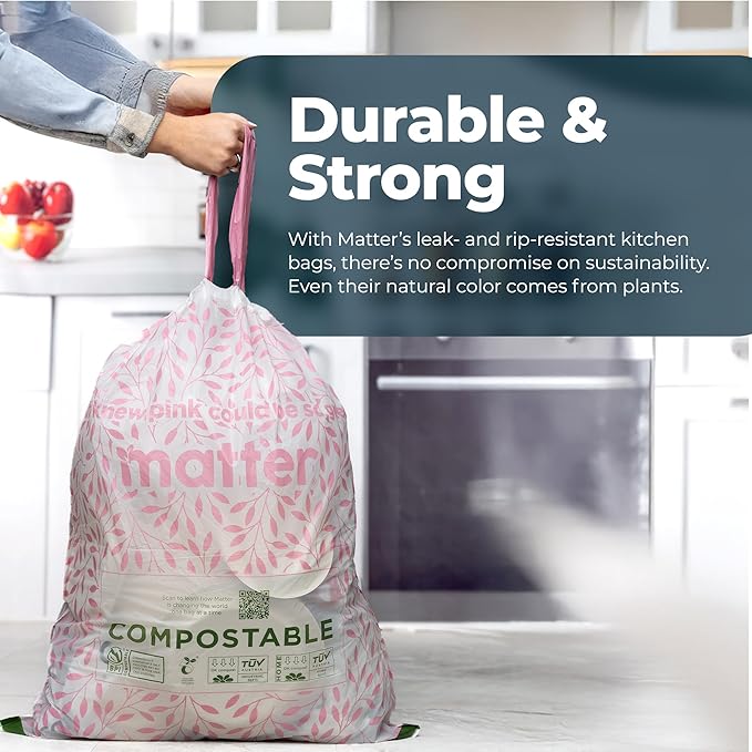 Matter Compostable Variety Pack 3 Gallon and 13 Gallon Kitchen Trash Bags with Drawstring Unscented Durable Leak-Resistant Eco-Friendly 70 Count