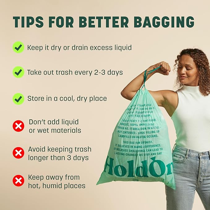 HoldOn 13-Gallon Trash Bags – Plant-based Tall Kitchen Trash Bags with Drawstring Handles for Tall Trash Bins Heavy-duty and Compostable Large Trash Bags (40 bags)