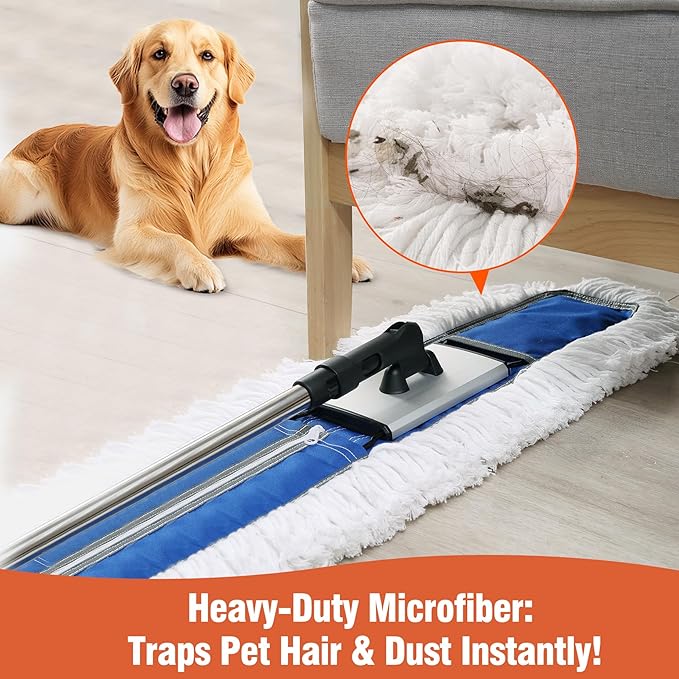24 Heavy-Duty Commercial Dust Mop for Hardwood Floors &amp Large Areas - with 2 Microfiber Pads Reinforced Telescoping Handle for Stable Cleaning in Homes Garages &amp Commercial Spaces