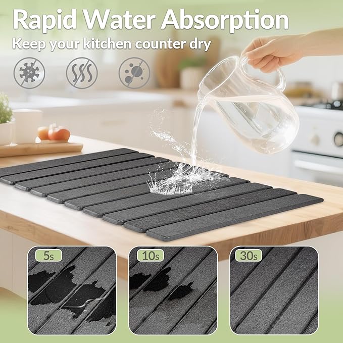 Large Stone Dish Drying Mat for Kitchen Counter 24x16&amp8x4 Foldable Fast-Drying Diatomaceous Earth Dish Mat 2PCS Eco-Friendly Water Absorbent Pads Set for Kitchen Bathroom Gray