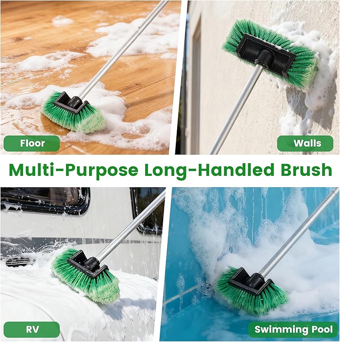 Car Wash Brush with Long Handle 60'' Soft Bristle Cleaning Brush Car Cleaning Brushes Carwash Brushes for SUV RV Boat Truck House Siding Sweep Snow Green