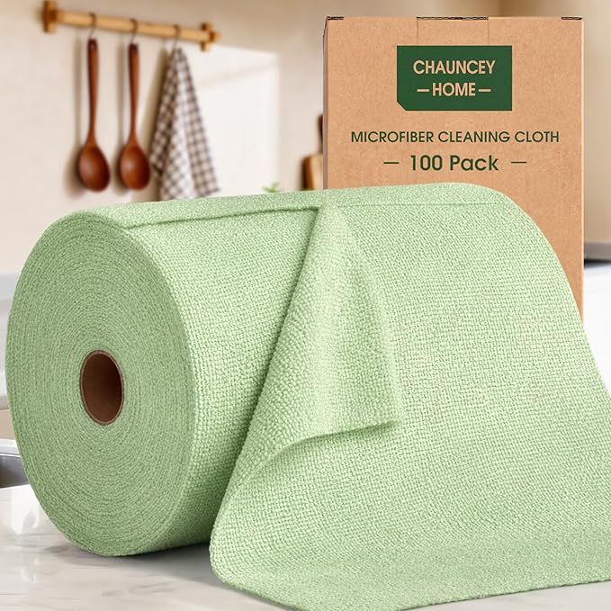 Microfiber Cleaning Cloth Roll - 100 Pack Tear Away Microfiber Paper Towels Reusable Washable Scratch-Free Kitchen Towels for Car Home Kitchen Glass Dishes(Bean Green)