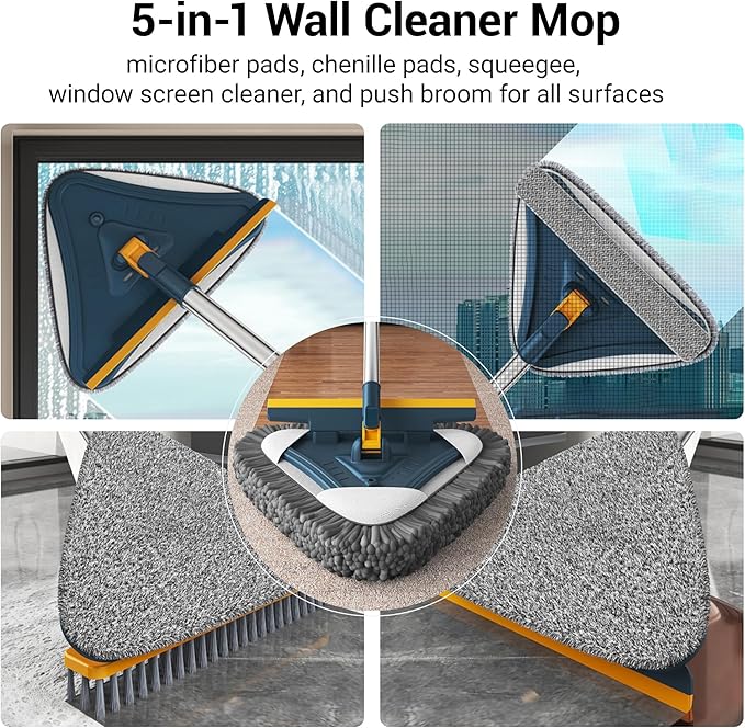 7-in-1 Wall Cleaner Triangle Mop Set with 7 Replaceable Heads and Adjustable Long Handle for Walls Floors Windows Ceilings Baseboards (Navy Blue)