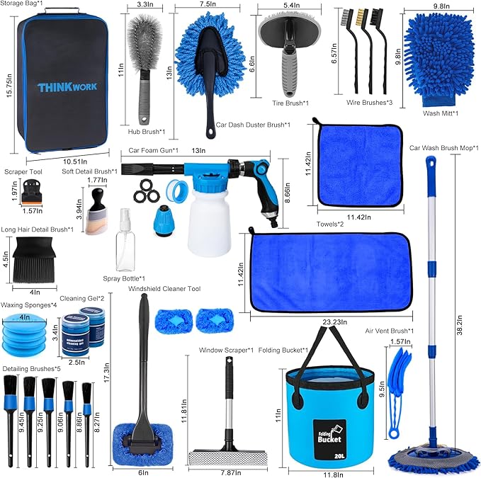 THINKWORK Car Wash Kit Car Detailing Kit with Foam Gun Car Wash Brush Mop and Large Folding Bucket Suitable for Car Cleaning Blue Car Wash Set Gift for Men and Women