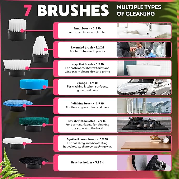 7-in-1 Electric Bathroom Scrubbing Brush 2500 mAh. Telescopic Bathtub Scrubber with Long Handle. Powerful Electric Bathtub Scrubber. Portable Power Brush for Cleaning Bathroom Kitchen Car