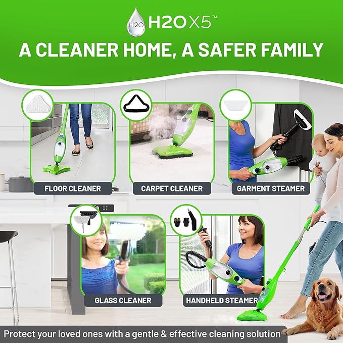 H2O X5 Steam Mop &amp Handheld Steam Cleaner | 5-in-1 Floor Steamer | Hardwood Tile &amp Laminate Cleaner | Carpet Glider Included | Grout Window &amp Garment Attachments
