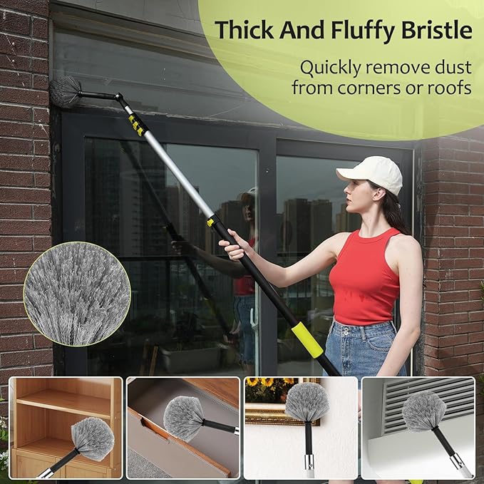 【Upgrade Anti Rotation 】 20FT High Reach Duster KitLightweight Aluminum Alloy Extension Rod5-Piece Set210° Steering Head Clean Various Anglefor Cleaning CeilingHigh Wall
