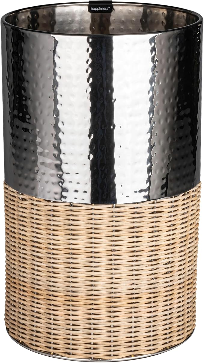 happimess HPM1102B Asher Modern 4.13-Gallon 2-Tone Natural Wicker/Metal Cylinder Waste Basket Chrome/Natural for Home Bathroom Living Room Office Bedroom Kitchen