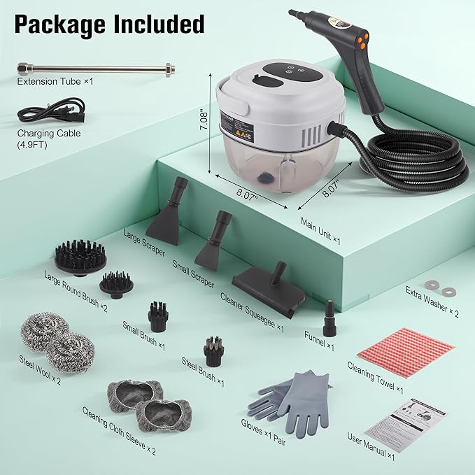 ALILYY Handheld Steam Cleaner for HomeSteamer for Cleaning50.7oz Water TankPortable Steam Cleaner with 19 Accessories for Home CleaningGreaseFloorCouchWindowCar SeatTileGroutWhite