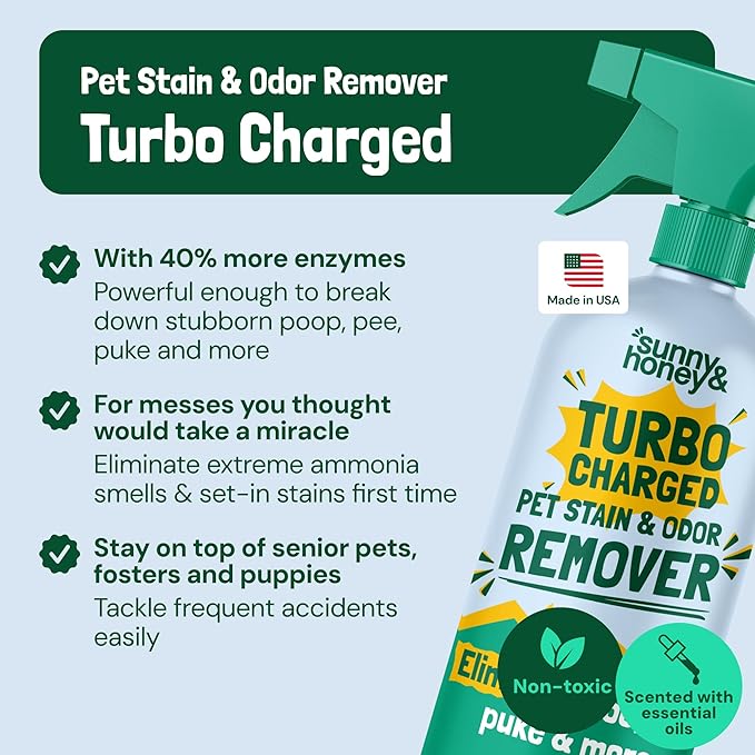 Sunny &amp Honey Turbo Pet Stain and Odor Remover - 40% More Enzymes - Enzyme Cleaner for Dog Urine and Poop on Carpets and Furniture - Pet Carpet Cleaner Spray (32fl oz Mint)
