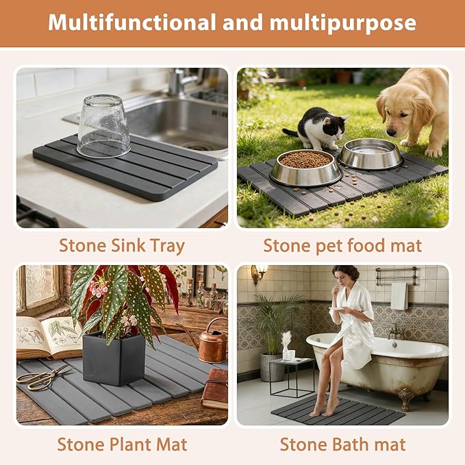 Large Stone Dish Drying Mat for Kitchen Counter 2 PCS Quick Dry Diatomaceous Earth Dish Mat Set – Foldable Water Absorbing Kitchen Gadgets &amp Gifts Home Essentials(Gray Ink 24×16 &amp 8x4)