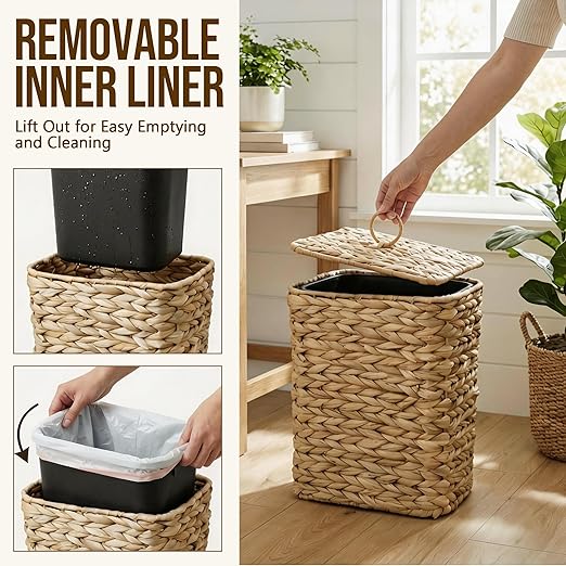 2.6 Gallon Wicker Trash Can with Lid Handwoven Water Hyacinth Wastebasket with Removable Plastic Inner Bin Small Decorative Rattan Trash Can for Bathroom Bedroom Office Kitchen