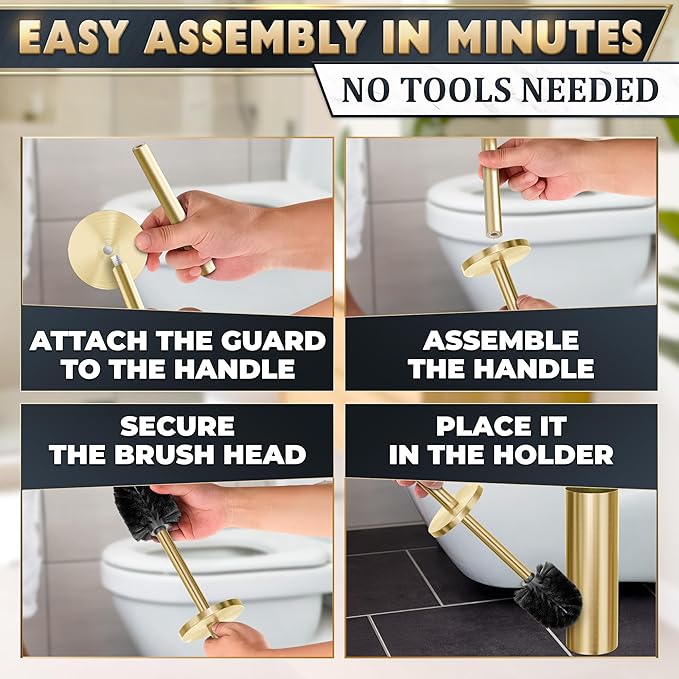 Gold Toilet Brush and Holder Set - Brushed Stainless Steel Gold Toilet Bowl Brush and Holder with Replacable Head Removable Inner Bowl and Splash Protection - Dense Bristles for Through Cleaning