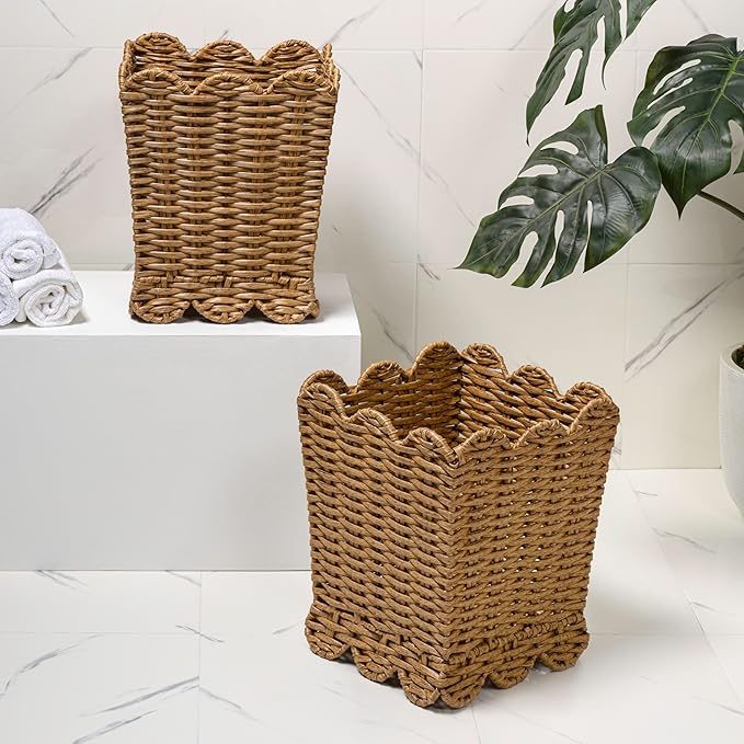 happimess HPM1409A-SET2 Silas Modern Farmhouse Resin 3.3-Gallon Tapered Square Wicker Watebasket with Scalloped Edge Natural (Set of 2)