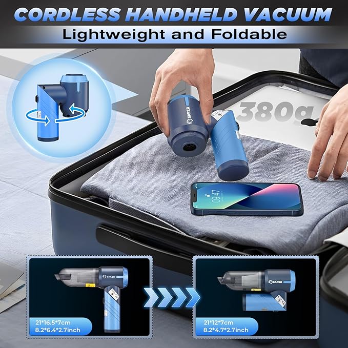 Saker Portable Car Vacuum Cleaner Cordless High Power 17000PA 3 in 1 Foldable Handheld Vacuum Cordless with Brushless Motor for InflationDust BlowingHome Car Cleaning HL132 Blue