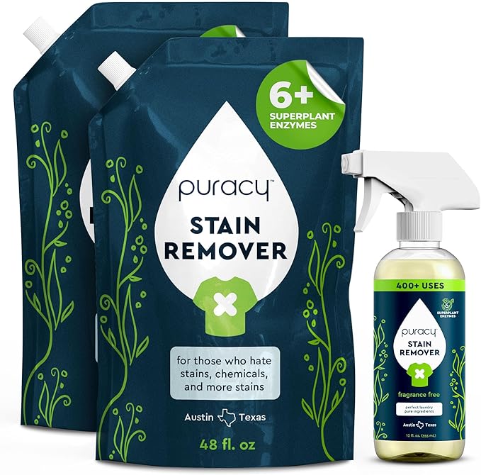 Puracy Stain Remover Natural Travel and Laundry Stain Cleaner for Clothes Baby Essentials Kids Stains Oil and Fabric Spot Cleaner Unscented (48 fl oz Pack of 2 and12 fl oz)