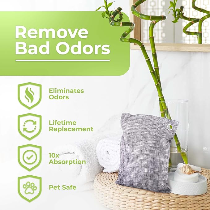 Nature Fresh Charcoal Bags Odor Absorber (Large 12 Pack 200g each) Reduce Odors Naturally with Bamboo Charcoal Air Purifying Bags for Car Home Closet Shoe Deodorizer Eliminator Freshener Remover