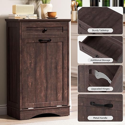 AHB 13 Gallons Tilt Out Trash Cabinet Hidden Trash Can Cabinet Freestanding Garbage Recycling Cabinet with Hideaway Drawer Pet Proof Trash Bin for Kitchen Living Room Brown