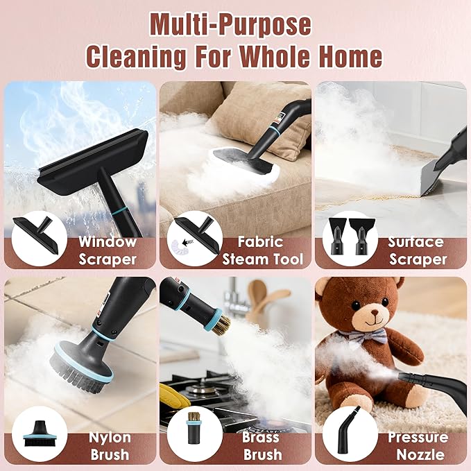 Steam Cleaner 4 Bar High Pressure Steamer with 6-Level Adjustable 15s Heat-Up 42.7oz Large Tank 7ft Extended Hose 18 pcs Accessories Portable Steam Cleaner for Home Car Tile Grout Grease