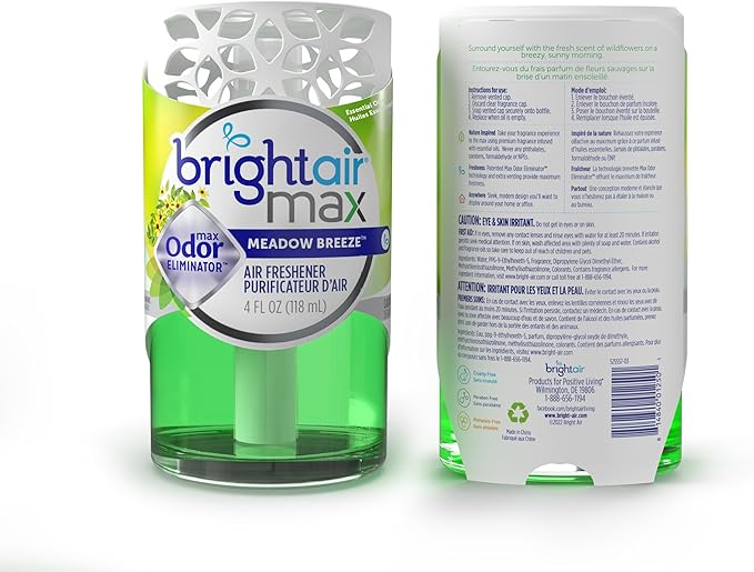 Bright Air Max 4 oz. Odor Eliminator Air Freshener for Medium-Size Spaces Meadow Breeze Scent Case of 6 Lasts up to 60 Days Each