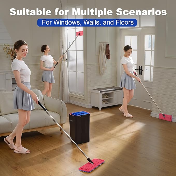 JOYMOOP Mop and Bucket with Wringer Set Hands Free Flat Floor Mop and Bucket with 6 Washable Microfiber Pads Wet and Dry Use Floor Cleaning System - Black+Red+Slate Blue