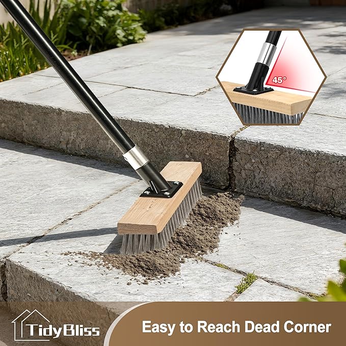 Stainless Steel Wire Scrub Brush with Long Handle Heavy Duty Stiff Metal Broom Scrubber Outdoor Moss Removal for Concrete Floor Deck Garden Patio Roof Brick Garage Swimming Pool