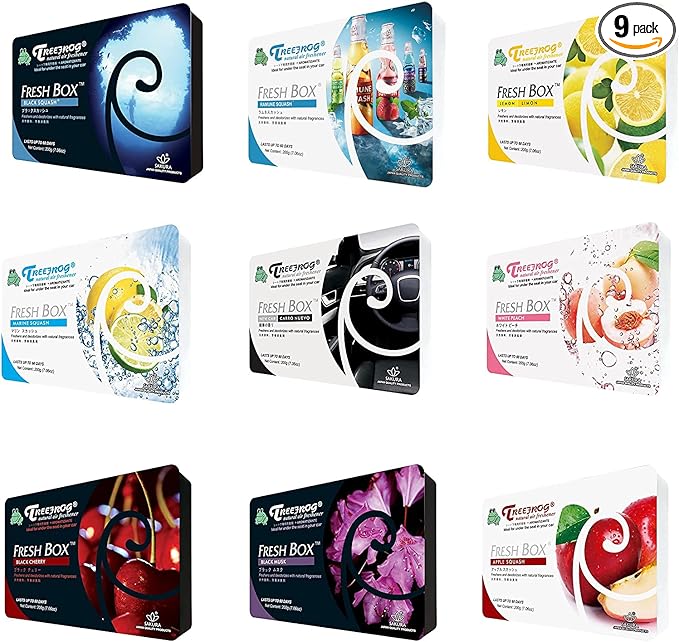 Treefrog Fresh Box 9 packs Assorted Scent Apple Squash Lavender Lemon New Car Marine Squash White Peach Black Squash Cherry Musk Scents Tree frog JDM Last Long Car Air Freshener Big Savings