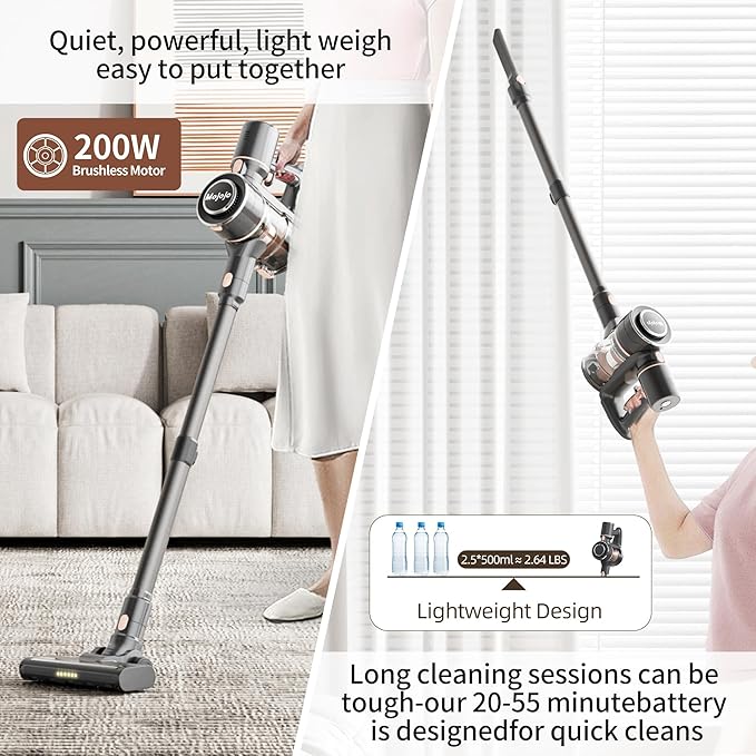 Mojojo H008G-SG Cordless Vacuum Cleaner 55 Min Runtime 200W Power 6 x 2200mAh Batteries 35KPA Suction (Silver Gray)