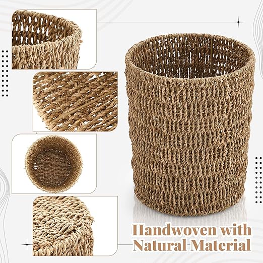 Havawish 2 Pcs Seagrass Wicker Waste Basket Handwoven Woven Trash Can 1.8 Gallons Boho Wicker Wastebasket Round Natural Wastebasket Garbage Bin for Bedroom Offices Home Decoration Natural Color