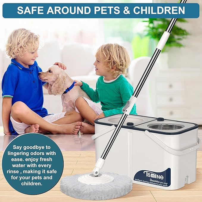 Gen 1 Large-Capacity Spin Mop and Bucket – for Big Homes &amp Deep Cleaning Days4-Chamber System Separates Dirty &amp Clean Water 2-GAL Heavy-Duty Design with Wheels &amp 6 Refill Mop Heads - Whi
