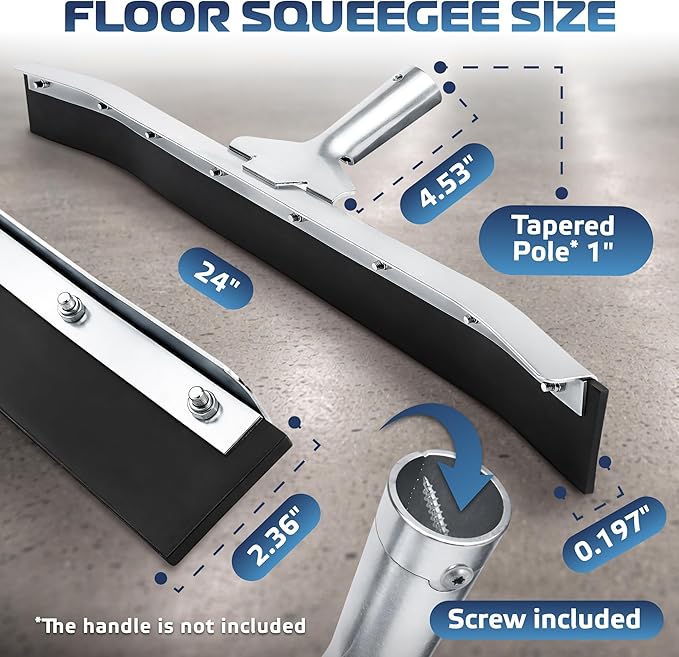 DSV Standard Curved Floor Squeegee 24’’ Rubber Blade Garage Squeegee Taper Pole Connection - Handle Sold Separately for Tiles Concrete and Asphalt