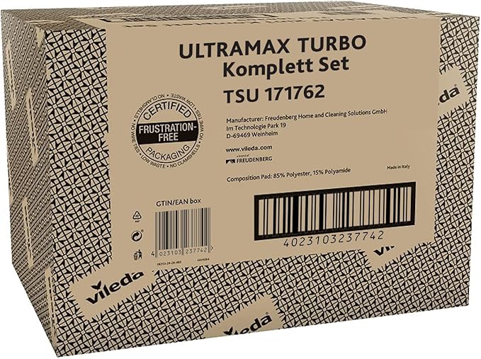 Vileda Ultramax Turbo 2-in-1 Floor Mop Complete Set Mop with Telescopic Handle Microfibre Cover and Bucket with Power Spinner for All Hard Floors Handle Length 75-130 cm Eco Packaging