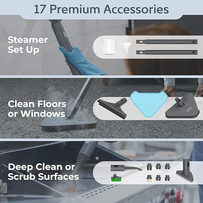 Pure Enrichment PureClean XL Rolling Steam Cleaner – Professional 1.5L Multi-Purpose Heavy Duty Steamer 17 Accessories Chemical-Free Deep Cleaning of Floors Upholstery Windows Grout Cars &amp M