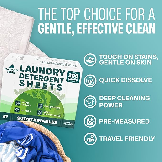 Sudstainables Laundry Detergent Sheets 200 Loads – Dissolvable Laundry Sheet for Washing Machines Compact Alternative to Liquid &amp Powder Detergent Travel-Friendly Soap | Fragrance Free