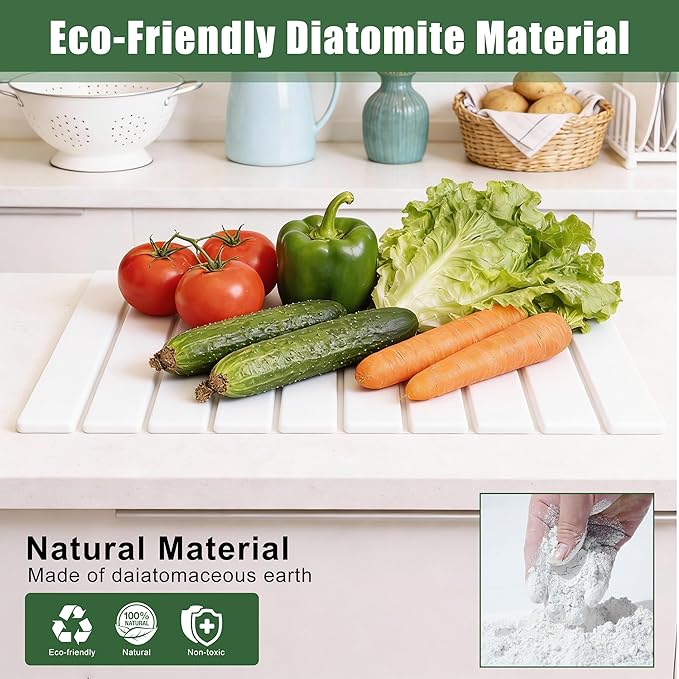Large Stone Drying Mat for Kitchen Counter 24×16 Foldable Super Absorbent Stone Dish Drying Mat for Tableware Bottles and Cups Non Slip Diatomaceous drying matt kitchen counter (White)