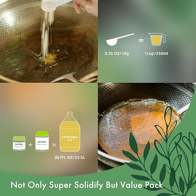 LaSyL Natural Cooking Oil Solidifier Powder Hard Up to 102 Cups of Fry Oil Away from Mess 100% Plant-Based Oil Hardener for Disposal Value Pack 12 Oz+24 Oz