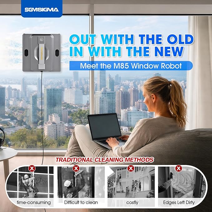 M85 Window Cleaning Robot - 6000PA Strong Suction Compact Robot 6-Way Spray &amp Wet Wiping Auto Edge Detection 4 Cleaning Modes Smart Path Planning Suitable for High-Rise Glass/Tiles