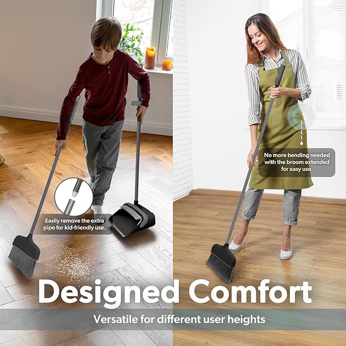 BLACK+DECKER Butler Broom &amp Dustpan Set - Stand-Up Design - Lightweight Space-Saving Combo for Kitchen Living Room Bathroom Lobby Floors - Home Cleaning Essential Black/Grey